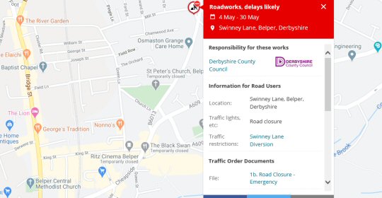Emergency Temporary Road Closure On Swinney Lane, Belper