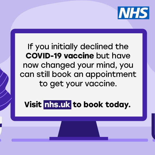 If you declined the #COVID19 vaccination but changed your mind, you can still book
