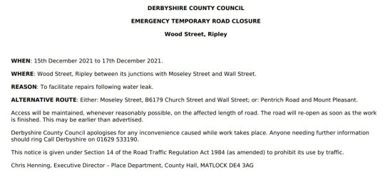 Road Closure - Wood Street, Ripley