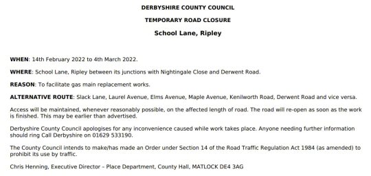 Road Closure - School Lane, Ripley
